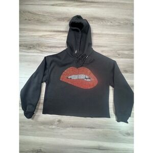 Rainbow Black Cropped Hoodie Rhinestone Lips Drawstring Hood Size M
